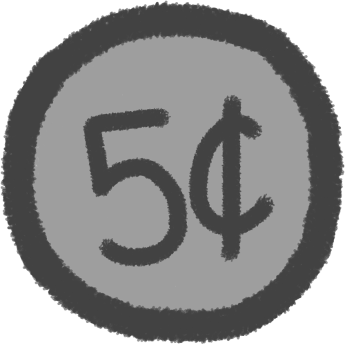  a grey / silver circle with a darker outline and a 5 and ¢ sign in the center